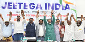 NEW DELHI, SEP 29 (UNI):- Senior leaders of the I.N.D.I.A. alliance Digvijay Singh, Javed Ali, Dipankar Bhattacharya, Yogendra Yadav CP John and others at  National Convention for Democracy, Secularism and  Social Justice 'Jeetega INDIA' in New Delhi on Friday. UNI PHOTO PSB1U