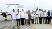 BELAGAVI, SEP 29 (UNI):- Public Works Department (PWD) and District Incharge Minister Satish Jarkiholi during the launch of cloud seeding operations at airport in Belagavi on Friday. DGCA has given clearance for conducting two-day cloud seeding in the district on September 29 and 30. UNI PHOTO-87U