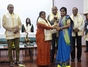 HYDERABAD, SEP 29 (UNI):- Union Minister of State for Rural Development Sadhvi Niranjan Jyoti presenting medal on the occasion of National Institute of Rural Development and Panchayat Raj (NIRDPR), 17th Convocation Ceremony of P G Students at NIRDPR in Hyderabad on Friday. UNI PHOTO-92U