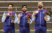 HANGZHOU, Sept. 29, 2023 (UNI/Xinhua) -- Gold medalists Team India attend the awarding ceremony for Men's Team 50m Rifle 3 Positions of Shooting at the 19th Asian Games in Hangzhou, east China's Zhejiang Province, Sept. 29, 2023. UNI PHOTO-12F
