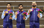 HANGZHOU, Sept. 29, 2023 (UNI/Xinhua) -- Gold medalists Team India attend the awarding ceremony for Men's Team 50m Rifle 3 Positions of Shooting at the 19th Asian Games in Hangzhou, east China's Zhejiang Province, Sept. 29, 2023. UNI PHOTO-12F HANGZHOU, Sept. 29, 2023 (UNI/Xinhua) -- Gold medalists Team India attend the awarding ceremony for Men's Team 50m Rifle 3 Positions of Shooting at the 19th Asian Games in Hangzhou, east China's Zhejiang Province, Sept. 29, 2023. UNI PHOTO-12F