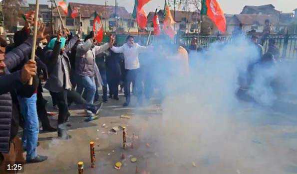 BJP in Srinagar celebrate party’s resounding victory in  assembly elections in 3 states