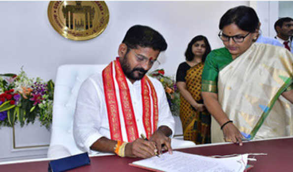 Revanth Reddy assumes CM office at Br Ambedkar Telangana State Secretariat