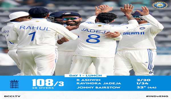 England post 108-3 at lunch, loses 3 quick wickets