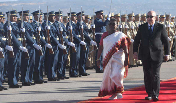 President Murmu arrives in Algeria, received by President Tebboune