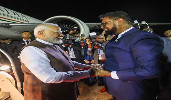 PM Modi arrives in Georgetown, welcomed with warm hug by President Irfaan Ali