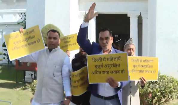 AAP MLAs protest in Delhi assembly complex against BJP over deteriorating law and order