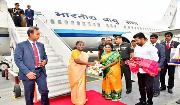 President Murmu arrives in Hyderabad for Global Spirituality Mahotsav