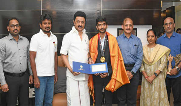 Stalin presents Rs 75 lakh cheque to Chess prodigy Gukesh