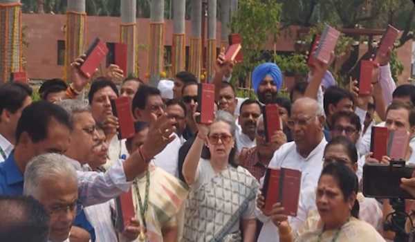 INDIA bloc hold protest in Parliament premises with copy of Constitution