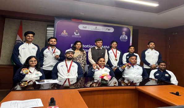 Union Minister Mandaviya felicitates six returning medalists from Paris Paralympics