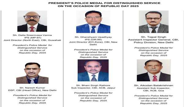 Thirtyone distinguished and meritorious Svc medals awarded to CBI officers on occasion of 76th Republic Day