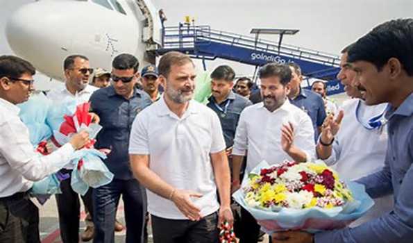 Hyderabad: Rahul Gandhi arrives to participate in plenary session at Bharat Summit