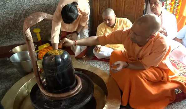 UP CM Yogi Adityanath performs Rudrabhishek at Mansarovar Temple on Sawan Shivratri