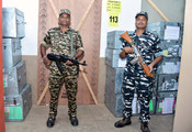 KANNUR, APR 27 (UNI):- Central force personnel providing security to the strong room, where the EVMs and VVPAT machines used for the 2nd Phase Lok Sabha elections, in the Kannur district, kept at Chinmaya Institute (Chintech) Campus at Chala, on Saturday. UNI PHOTO-82U
