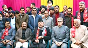 JAMMU,20JAN (UNI):-Jammu and Kashmir National conference president Dr Farooq Abdullah,Jammu and Kashmir Chief Minister Omar Abdullah along with party senior leaders poses for a group photograph after the two day convention of Block president and secretaries,in Jammu on Tuesday.UNI PHOTO-127U
